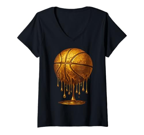 Damen Lustiger Golden Drip-Basketball, Cooler ästhetischer Sport-Dunk-Liebhaber T-Shirt mit V-Ausschnitt von Dripping Golden Basketball Art Cool Streetwear
