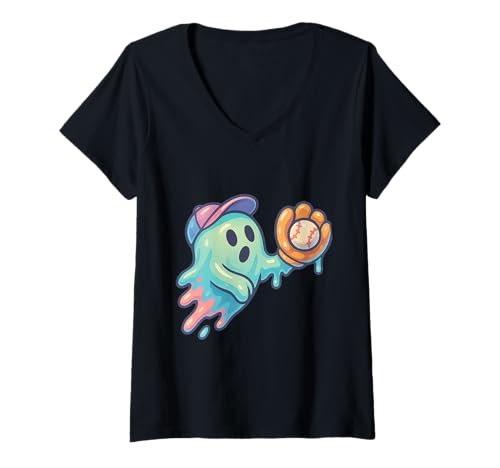 Damen Ice Cream Drip Ghost Baseballspots Baseball Drip Halloween T-Shirt mit V-Ausschnitt von Drippy Ice Cream Ghost Baseball Funny Halloween