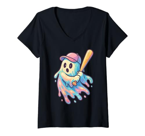 Damen Ice Cream Drip Ghost Baseballspots Baseball Drip Halloween T-Shirt mit V-Ausschnitt von Drippy Ice Cream Ghost Baseball Funny Halloween