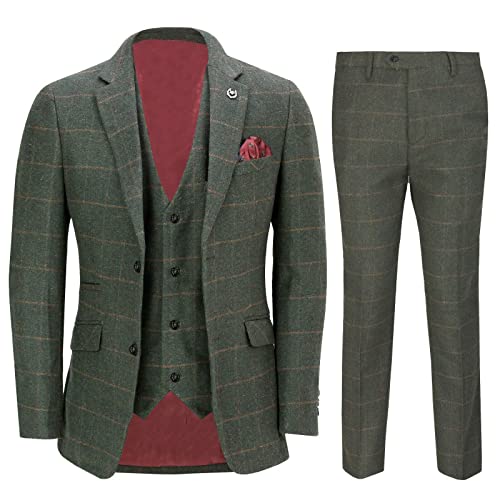 Drkobr Herren 3 Stück Anzug Tweed Karo Smoking Formale Geschäft Hochzeit Party Jacke Weste Hose von Drkobr