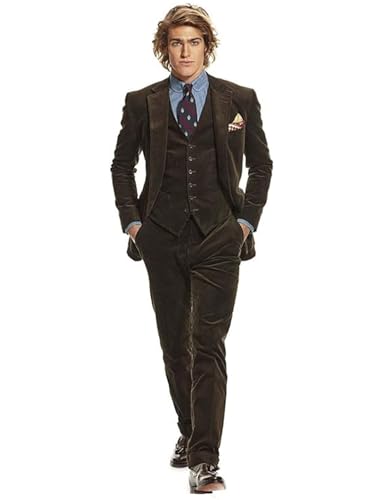 Drkobr Herren Vintage 3 Stück Cord Anzug Winterjacke Einreihige Weste Hose für Legeres Abendessen von Drkobr