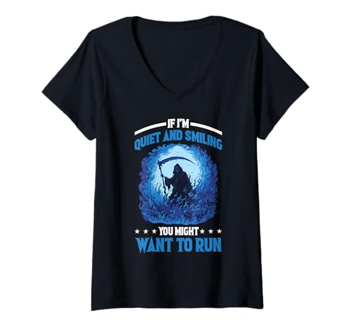 Damen If I'm Quiet and Smiling You Might Want to Run T-Shirt mit V-Ausschnitt Damen If I'm Quiet and Smiling You Might Want to Run T-Shirt mit V-Ausschnitt von Drohend Smile Streich
