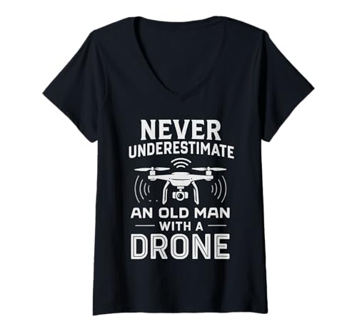 Damen Drohne Alter Mann Lustiger Pilot Hobby Quadcopter UAV Flyer T-Shirt mit V-Ausschnitt von Drone Old Man Shirt Funny Pilot Hobby Gift