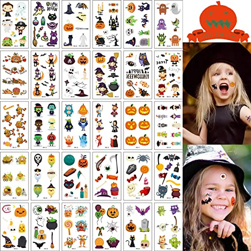 Temporäre Halloween Tattoos für Kinder, 30 Blätter Tattoos Kinder Hautfreundliche Kindertattoos Wasserdichte Kindertattoos für Mädchen Jungen Halloween Party Geschenkidee von Drookaen