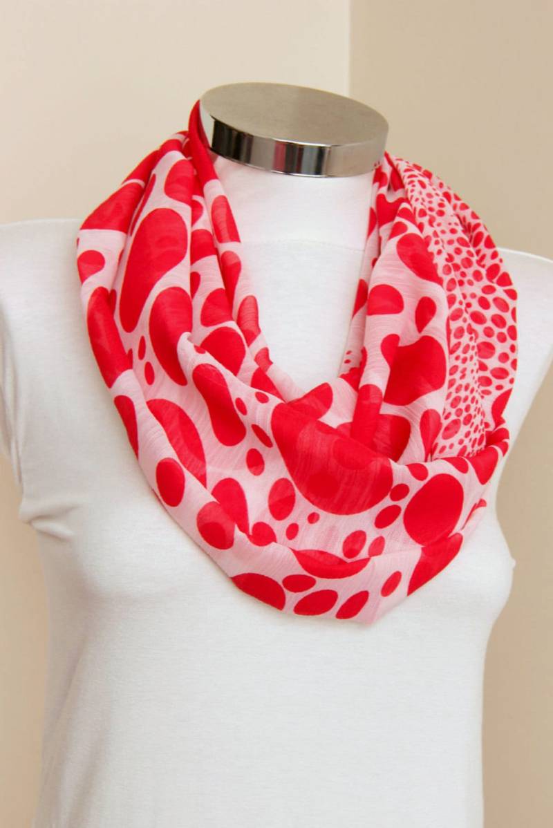 Weiße Rote Punkte Unendlichkeit Schal, Circlr Schleife Tube Schal Infinity Rot Weiß Chiffon Sommer Mode von DroppBy