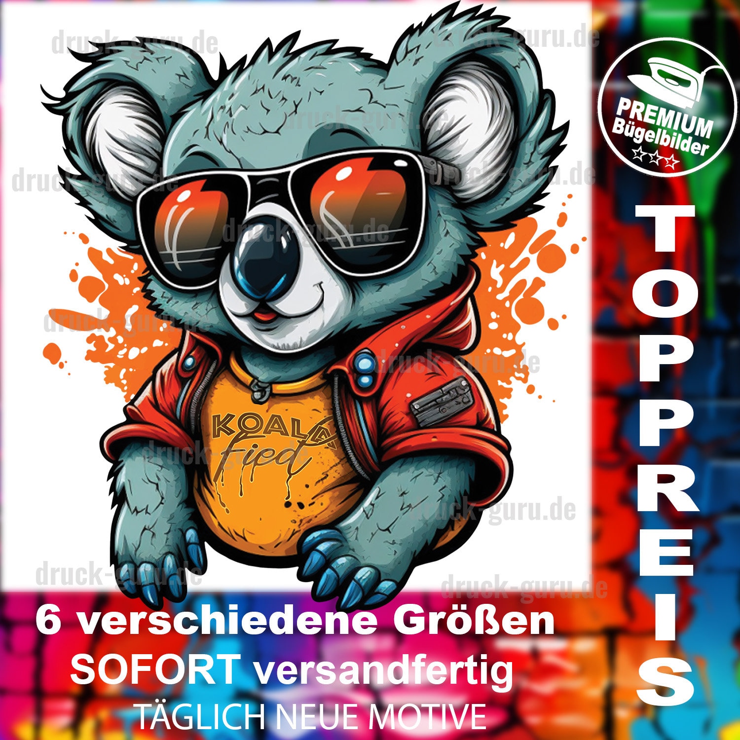 Bügelbild "Graffiti Koala Fied" von DruckGuru