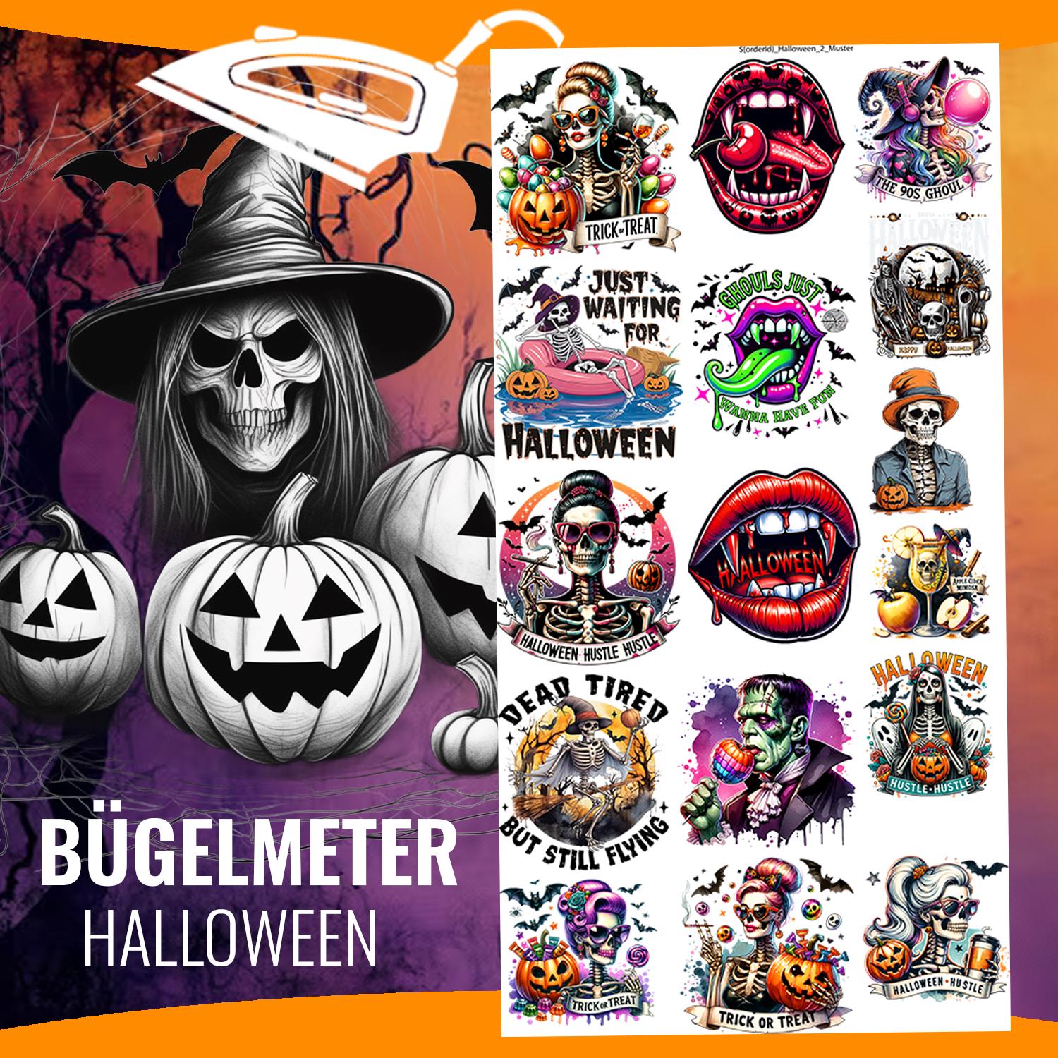 Halloween Bügelbilder - Hexe, Kürbis, Fledermaus, Totenkopf, Spinnen, Skelett, Geist, Dtf-Transfer, Bügelpaches, Zombie, Sensenmann & Henker von DruckGuru