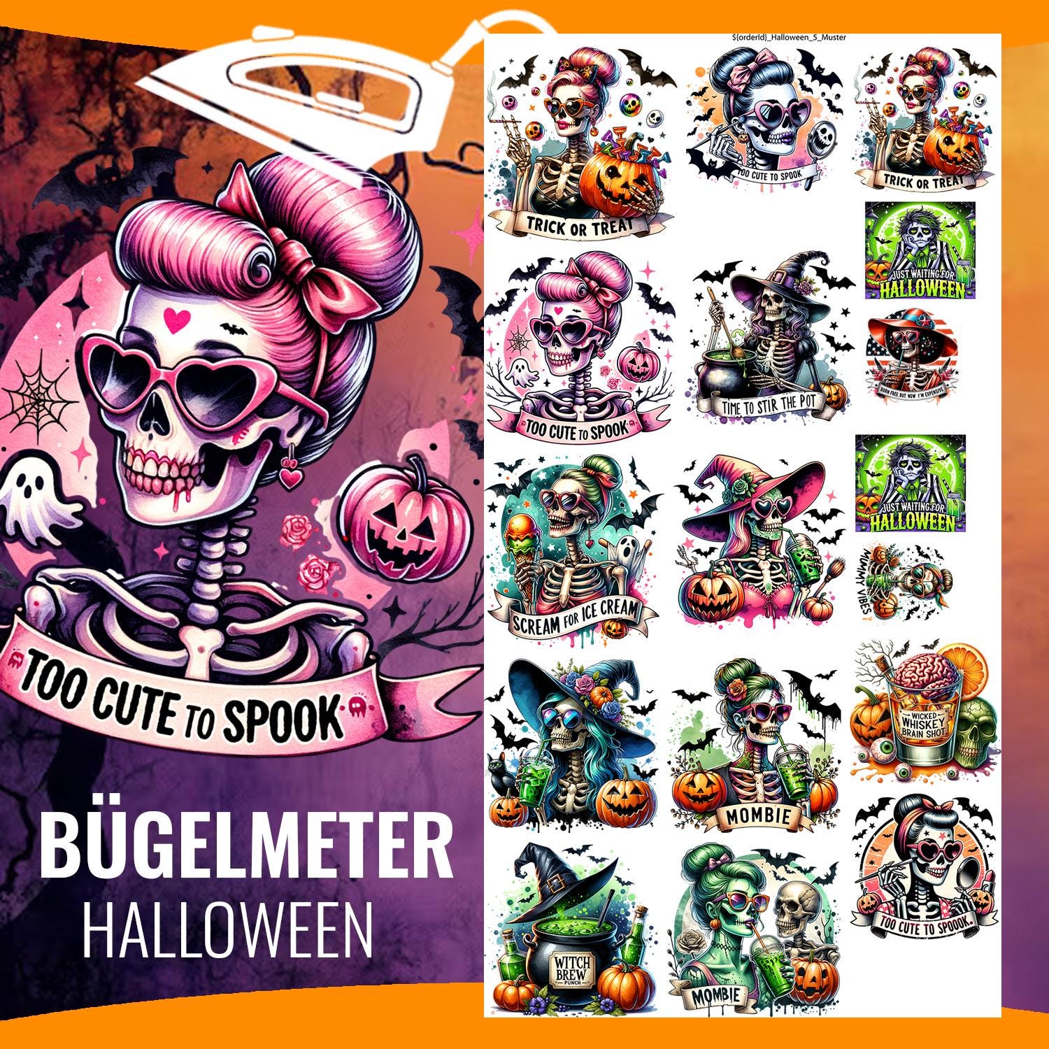 Halloween Bügelbilder - Hexe, Kürbis, Fledermaus, Totenkopf, Spinnen, Skelett, Geist, Dtf-Transfer, Bügelpaches, Zombie, Sensenmann & Henker von DruckGuru