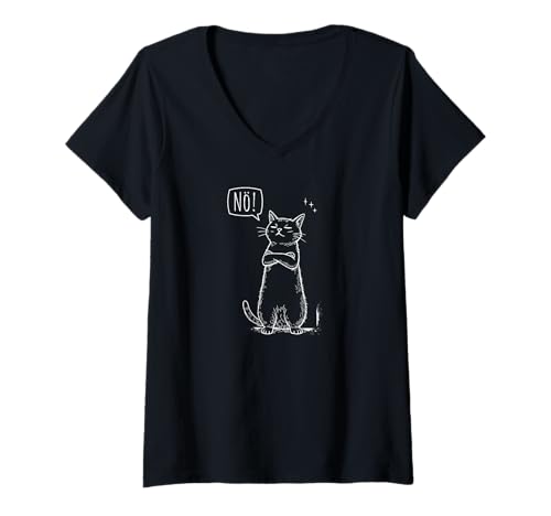 Damen Trotzige Katze mit "Nö" Statement T-Shirt mit V-Ausschnitt von Druckerei Scharlau