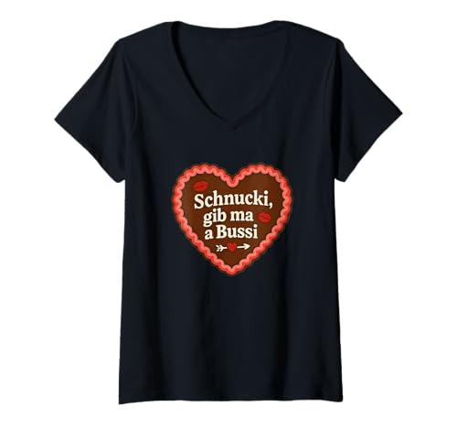 Damen Schnucki, Gib Ma A Bussi Lebkuchenherz T-Shirt mit V-Ausschnitt von Druckfun Lebkuchenherz Oktoberfest