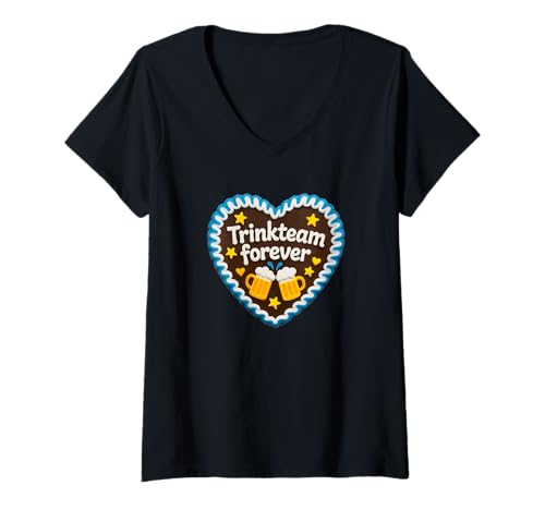 Damen Trinkteam Forever Lebkuchenherz Party T-Shirt mit V-Ausschnitt von Druckfun Lebkuchenherz Oktoberfest