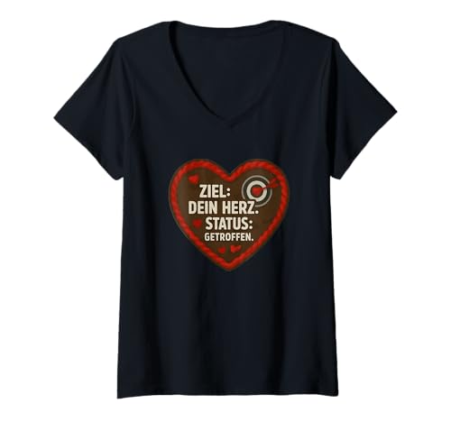 Damen Ziel: Dein Herz. Status: Getroffen. Oktoberfest T-Shirt mit V-Ausschnitt von Druckfun Lebkuchenherz Oktoberfest