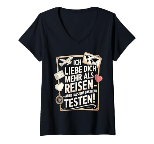 Damen Ich Liebe Dich Mehr Als Reisen Lustige Aussage T-Shirt mit V-Ausschnitt von Druckfun Liebe Abenteuer Reisen Beziehungswitz