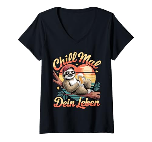 Damen Chill Mal Dein Leben Faultier Sonnenbrille T-Shirt mit V-Ausschnitt von Druckfun chillen und relaxen lustiges Faultier
