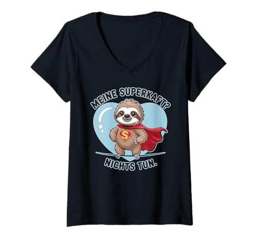 Damen Meine Superkraft? Nichts Tun Faultier T-Shirt mit V-Ausschnitt von Druckfun chillen und relaxen lustiges Faultier