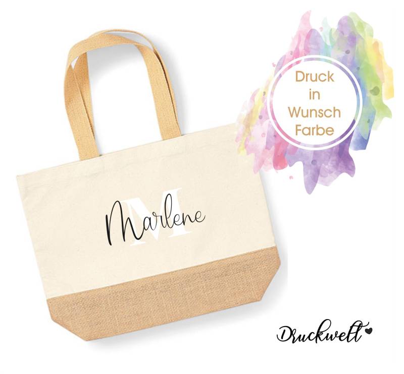 Jutetasche Mit Namen Und Initial - Einkaufstasche Leinen-Jute- Stofftasche Personalisiert Geschenk Freundin-Mama-Tochter-Farbwahl von Druckwelt