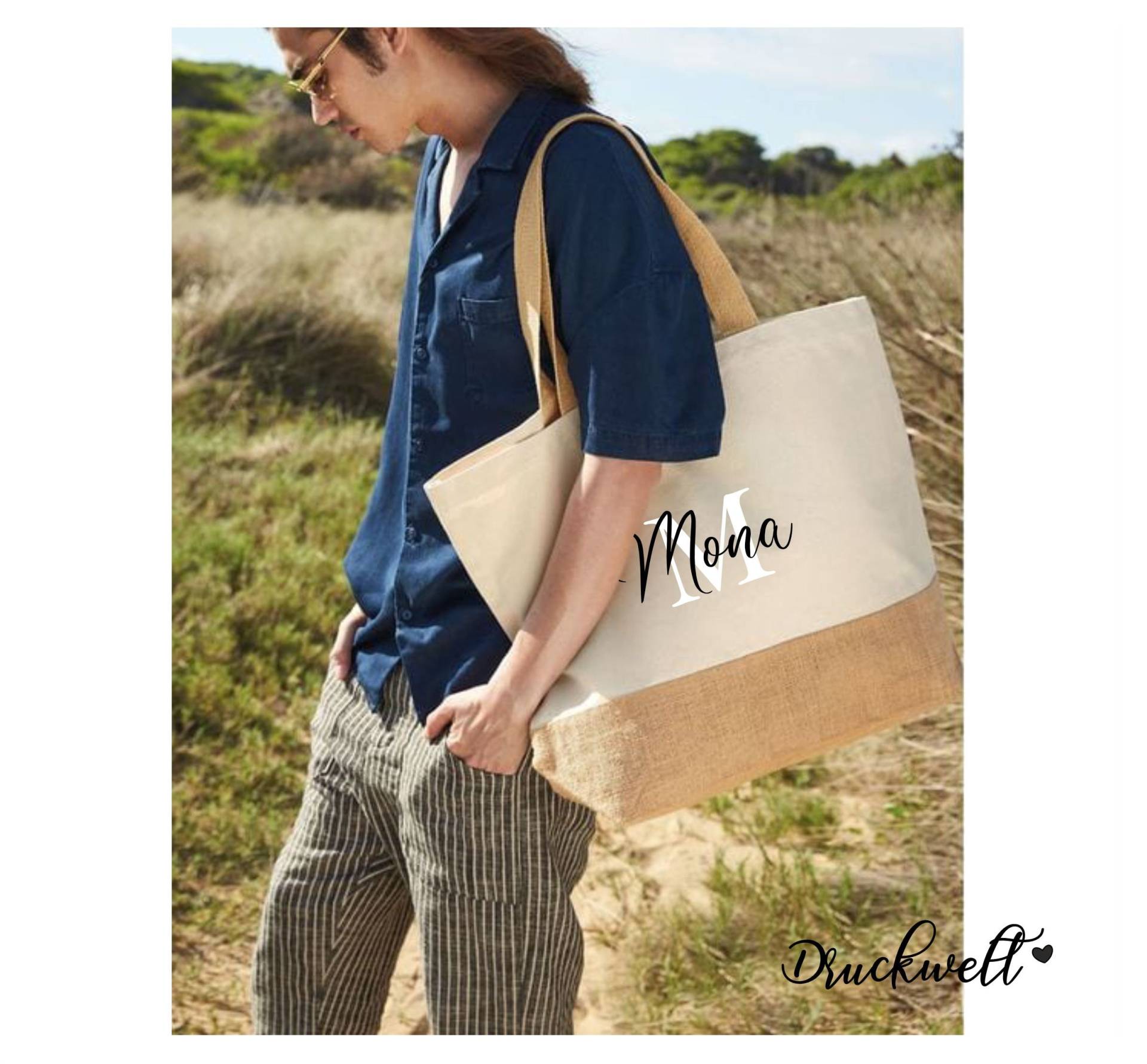 Strandtasche Xxl-Beachshopper-Baumwolle - Stofftasche Personalisiert Mit Initial Und Name Geschenk Freundin-Mama-Tochter-Weihnachten von Druckwelt