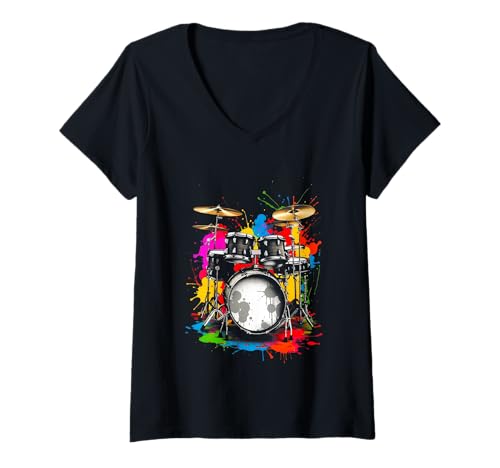 Damen Schlagzeug-Set mit bunten Farbspritzern – lebendige Musikkunst T-Shirt mit V-Ausschnitt von Drummer Designs