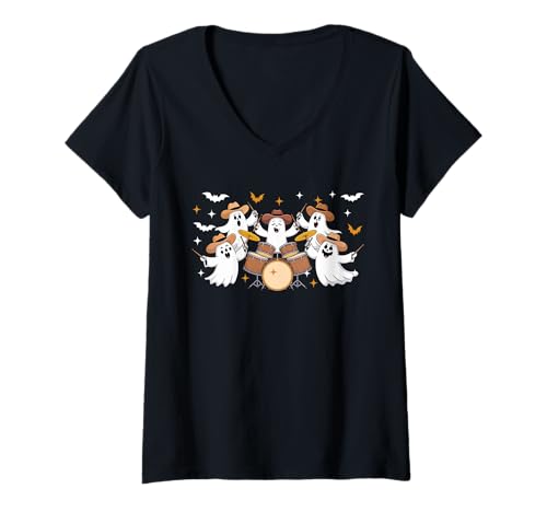 Damen Group Boos Playing Drum Halloween Instrument Musical T-Shirt mit V-Ausschnitt von Drummer Halloween Costume