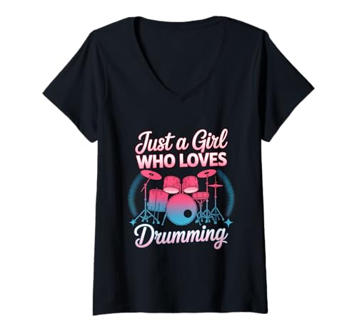 Damen Nur EIN Mädchen, das Trommeln liebt T-Shirt mit V-Ausschnitt von Drummer Playing Drums