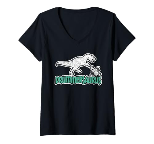 Damen Drummersaurus Dinosaurier Lover Musikbänder Drums Drummer T-Shirt mit V-Ausschnitt von Drummersaurus Dinosaur Music Drums Drummer Gifts