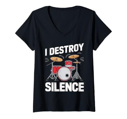 Damen I Destroy Silence Vibrant Drum Set Music Drummer T-Shirt mit V-Ausschnitt von Drumming Passion Designs