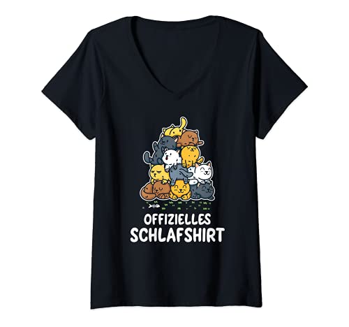 Damen Offizielles Schlafshirt - Katzen Schlafanzug Nachthemd T-Shirt mit V-Ausschnitt von Drunken Royals