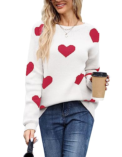 Drvitor Damen Pullover Langarm Rundhalsausschnitt Niedlich Multi-Herzen Gestrickt Casual Sweater, 640 - Weiß & Rot, X-Groß von Drvitor