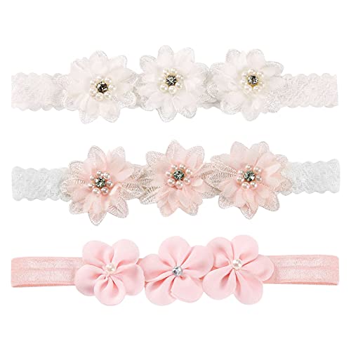 3 Stück Baby Mädchen Stirnbänder Rosa Weiß Spitze Perle Blumen Haarband Neugeborenes Niedlich Elastisches Blumen Kopfband Haarschmuck für Babys Kleinkind Mädchen Geschenk Fotografie (B) von Drwosm