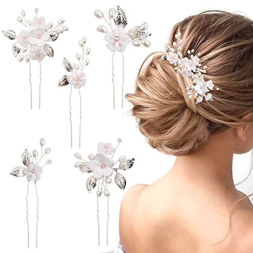 5 Stück Hochzeits Haarnadeln Braut Haar Accessoires Braut Haarnadeln Braut Haar Accessoires Blumen Blätter U-förmig Hochzeit Haarspangen Blumen Perlen Braut Haarschmuck für Frauen und Mädchen (Silber) von Drwosm