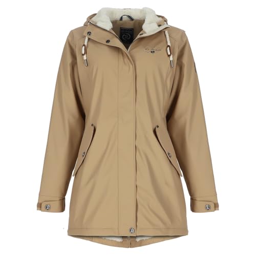 Dry Fashion Damen Regenmantel Malmö - Frauen Regenjacke Jacke mit Kapuze Lang Winddicht Wasserdicht Gefüttert mit Teddyfleece in Sand Größe 42 von Dry Fashion
