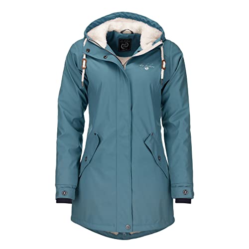 Dry Fashion Damen Regenmantel Malmö - Frauen Regenjacke Jacke mit Kapuze Lang Winddicht Wasserdicht Gefüttert mit Teddyfleece in Petrol Größe 36 von Dry Fashion