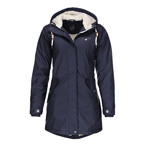 Dry Fashion Damen Regenmantel Malmö - Frauen Regenjacke Jacke mit Kapuze Lang Winddicht Wasserdicht Gefüttert mit Teddyfleece in Navy Größe 38 von Dry Fashion