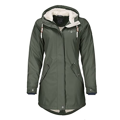 Dry Fashion Damen Regenmantel Malmö - Frauen Regenjacke Jacke mit Kapuze Lang Winddicht Wasserdicht Gefüttert mit Teddyfleece in Oliv Größe 40 von Dry Fashion