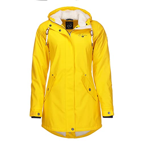 Dry Fashion Damen Regenmantel Malmö - Frauen Regenjacke Jacke mit Kapuze Lang Winddicht Wasserdicht Gefüttert mit Teddyfleece in Gelb Größe 44 von Dry Fashion