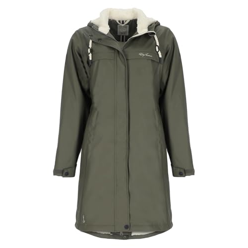Dry Fashion Damen Regenmantel Oslo mit Teddy-Fleece-Futter - Langer PU-Mantel wind- und wasserdicht in Oliv Größe 40 von Dry Fashion