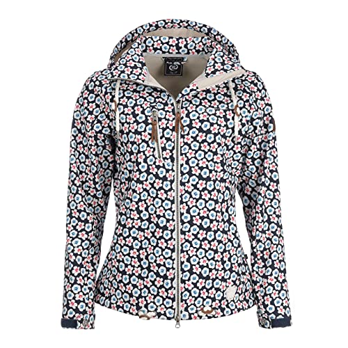 Dry Fashion Damen Softshell Jacke Wismar mit Blumen All Over Print - Frauen Jacke Outdoorjacke Atmungsaktiv Kapuze Wind- und Wasserabweisend in Navy Größe 36 von Dry Fashion