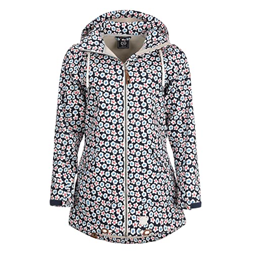 Dry Fashion Damen Softshell Mantel Stralsund mit Blumen All Over Print - Softshell-Jacke Outdoorjacke Kapuze Wind- und Wasserabweisend in Navy Größe 38 von Dry Fashion