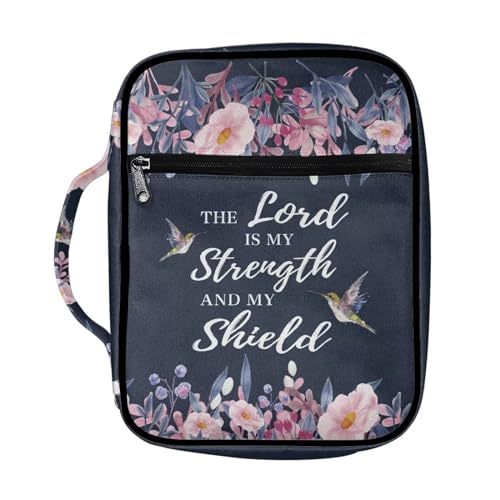 Drydeepin Bibeltasche mit Aufschrift "The Lord is My Strength and My Shield", rosa Blume, Kolibri-Muster, große Bibelhülle für Damen, leichte Bibeltasche und Tragetaschen, Bibel-Tragetasche mit von Drydeepin