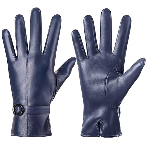 Damen Winter Lederhandschuhe Touchscreen Texting Warm Fahren Lammfell Handschuhe (Navy, L) von Dsane