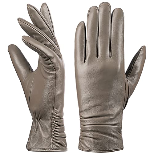 Damen Winter-Lederhandschuhe mit Touchscreen Text, warmes Lammfell, 100% reines echtes Leder (Beige, XL) von Dsane