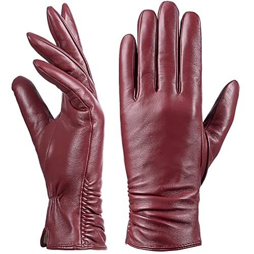 Damen Winter-Lederhandschuhe mit Touchscreen Text, warmes Lammfell, 100% reines echtes Leder (Rot, M) von Dsane