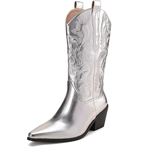 Dsevht Cowboy-Stiefel für Damen, runde Zehenpartie, Westernstiefel, Cowgirl-Stiefel, mittlere Wadenstiefel, silber, 41 EU von Dsevht