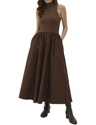 Dsewpaur Ärmelloses Maxikleid für Damen, Patchwork-Rollkragen-Pulloverkleider mit Taschen, lässiges, einfarbiges, fließendes langes Kleid, Braun, X-Groß von Dsewpaur