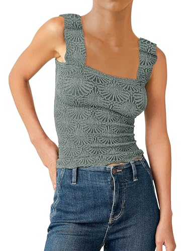 Dsewpaur Frauen Square Neck Crop Tank Tops Jacquard Floral Ärmellos Breite Träger Crop Tops Liebe Brief Cami Dupes, Seladongrün, Mittel von Dsewpaur