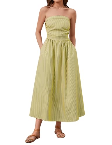 Dsewpaur Gestreiftes trägerloses Maxikleid für Damen, ärmellos, fließend, langes Kleid, Sommer, lässig, Schlauchkleid mit Taschen, zitrone, X-Groß von Dsewpaur