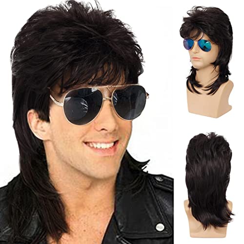 Dsimeig Herren Mullet Perücken 70er 80er Jahre Retro Cosplay Kostüm Perücke Rocker Disco Fancy Perücken,schwarz von Dsimeig