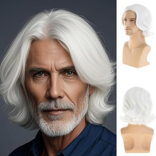 Dsimeig Herren Weiße Perücke Kurze Wellige Bob Perücke Synthetische Cosplay Party Ersatz Haar von Dsimeig