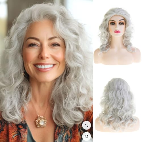 Dsimeig Lange Curly Wellig Grau Perücke für Frauen Synthetische Hitzebeständige Party Cosplay Haarperücke von Dsimeig
