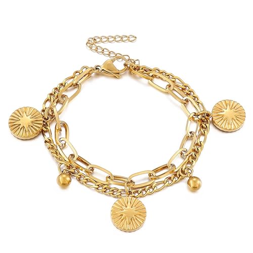 Armband Gold, Edelstahl Armband Damen Doppellagige Kette mit Sonnenanhänger Schmuck Jahrestag Geschenk für Sie von Dsnyu